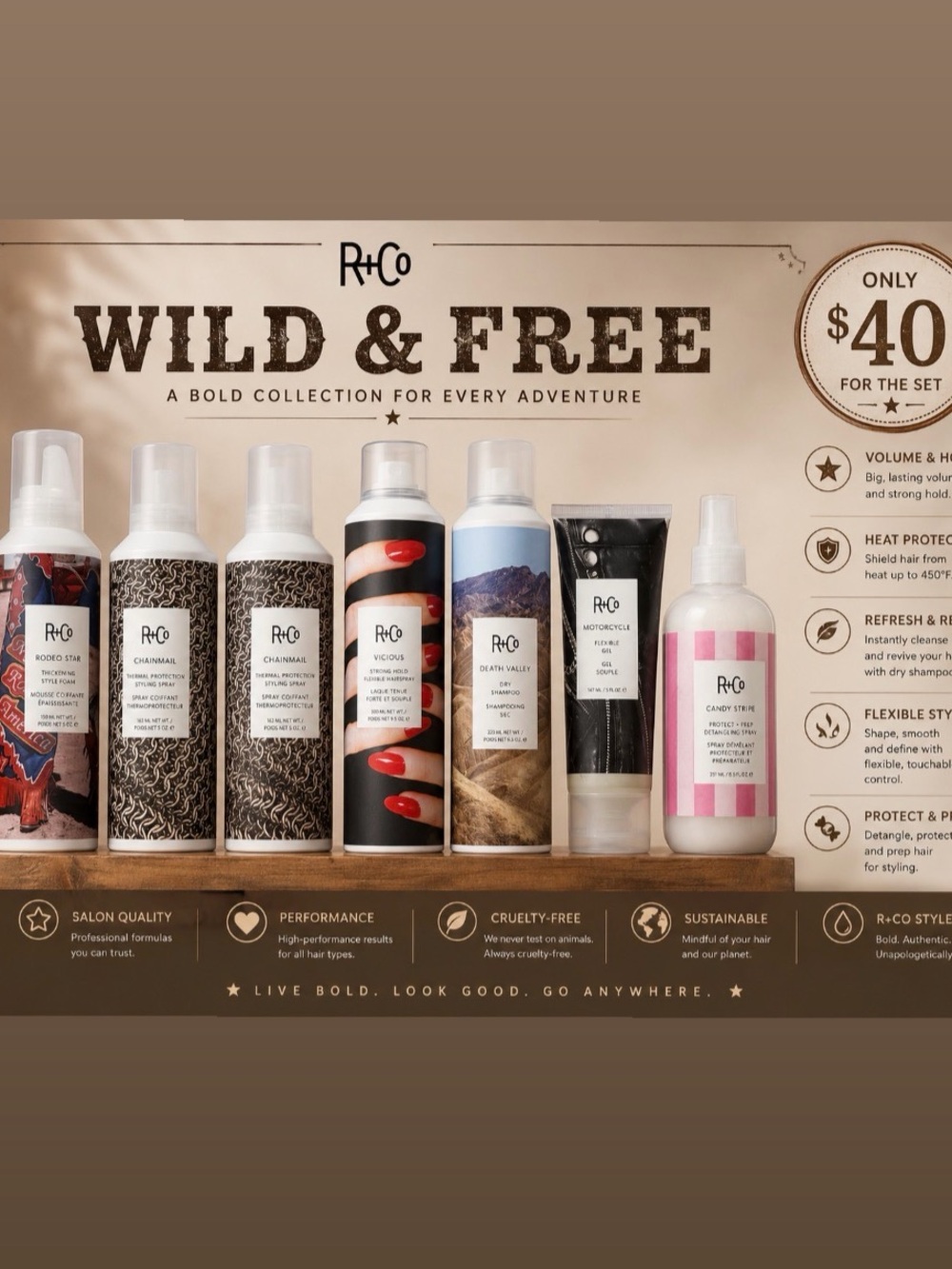 R+Co Wild & Free Haircare Set — Black, White, Pink, Brown Accents